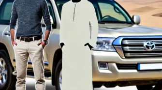 Man standing next to a Nissan Patrol and Toyota Land Cruiser in UAE