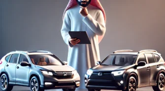 Middle-Eastern man comparing Honda CR-V and Toyota RAV4 models in a darkened setting, symbolizing SUV comparison in UAE.