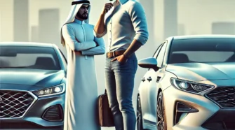 Digital illustration of a man comparing Hyundai Sonata and Kia Optima for UAE market