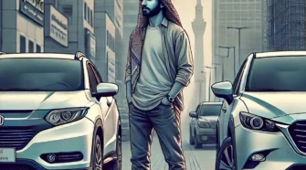 Digital illustration of a regular Middle Eastern man next to compact SUVs, depicting HR-V vs CX-3 comparison in UAE.