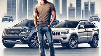 Middle-Eastern man evaluating Ford Edge and Jeep Grand Cherokee for SUV comparison in UAE